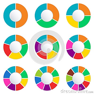 Wheel infographics template. Pie chart set with 2,3,4,5,6,7,8,9 and 10 parts or sections. Circle diagram, graph, business Vector Illustration